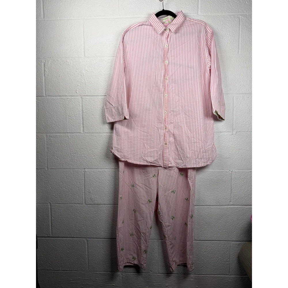Lilly Pulitzer Women's M Pajama Set Pink Stripe Palm Tree Cotton Button Up